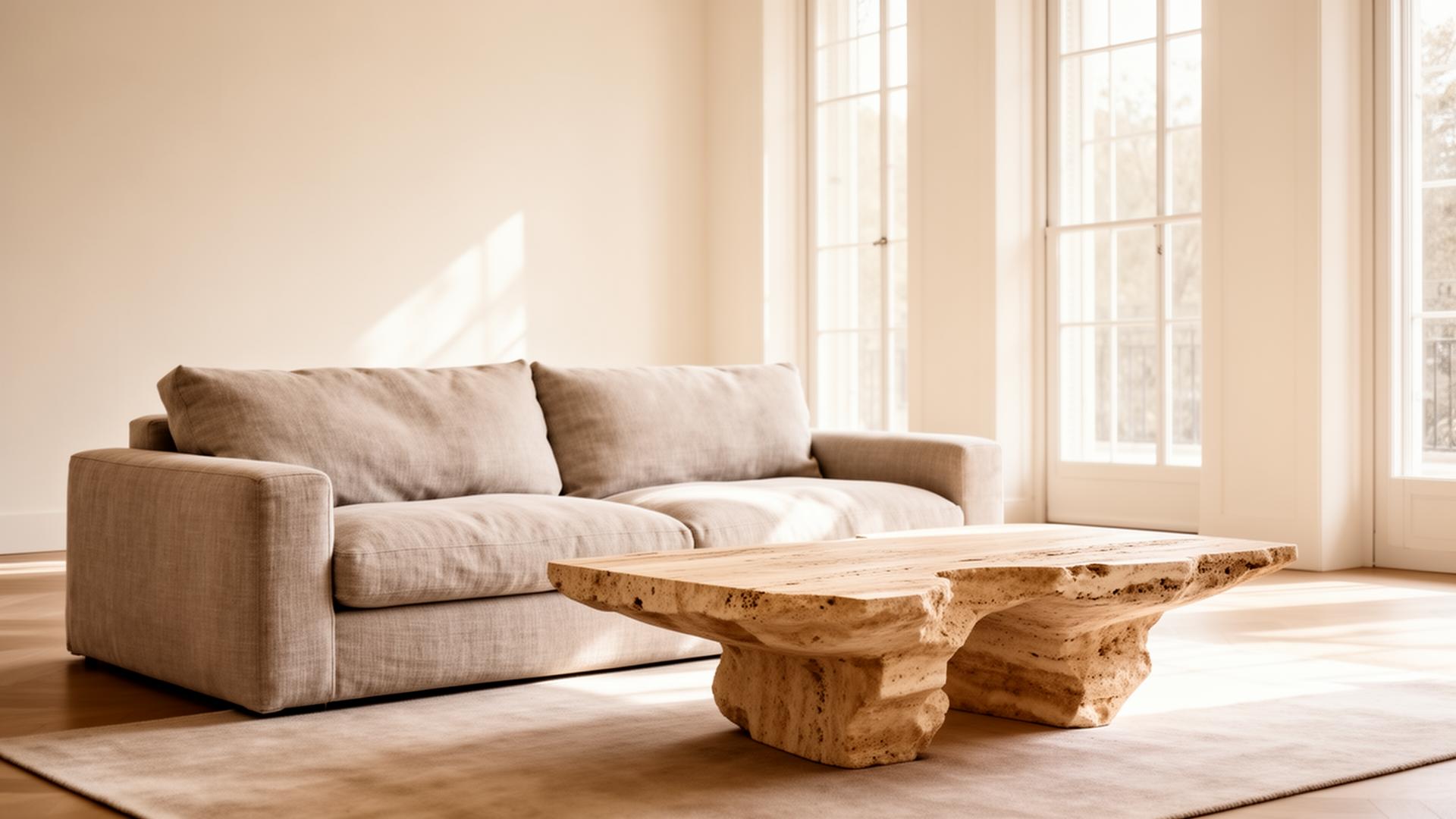 Editorial interior with linen sofa and travertine table