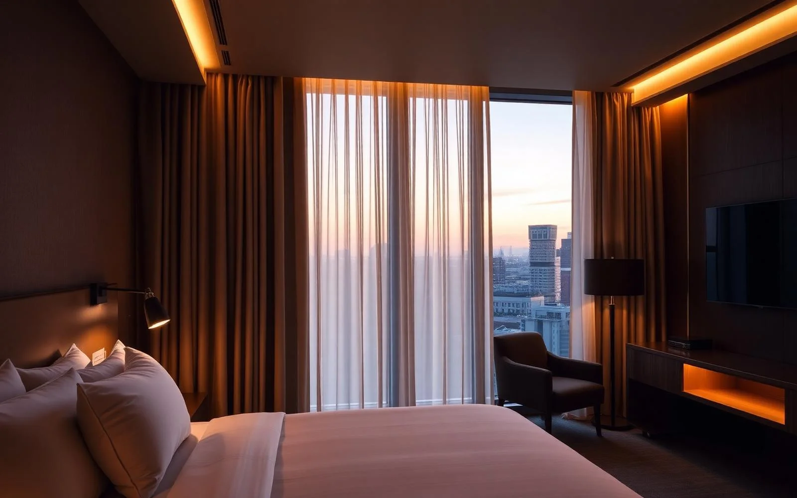 Premium hotel suite with motorized drapery, cove lighting and brass scene keypad