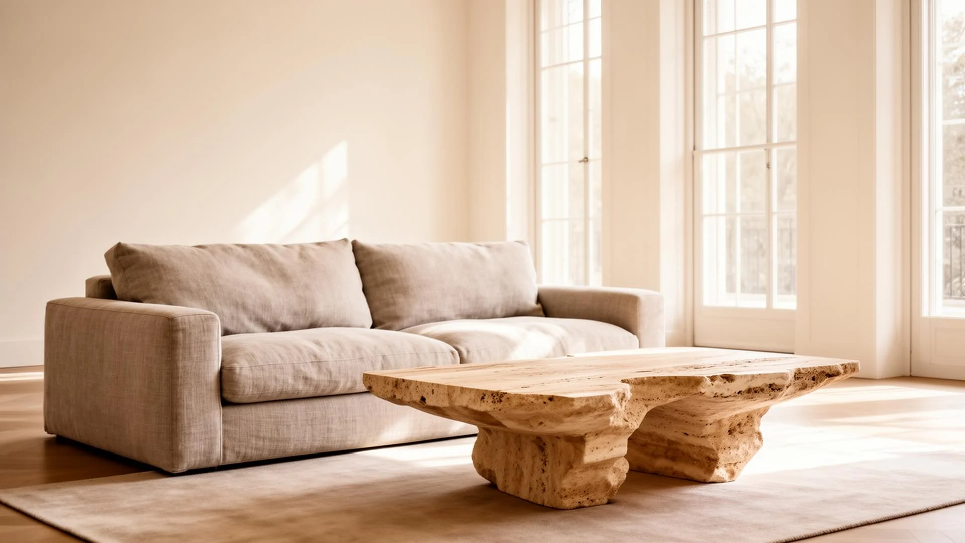 Editorial interior with linen sofa and travertine table